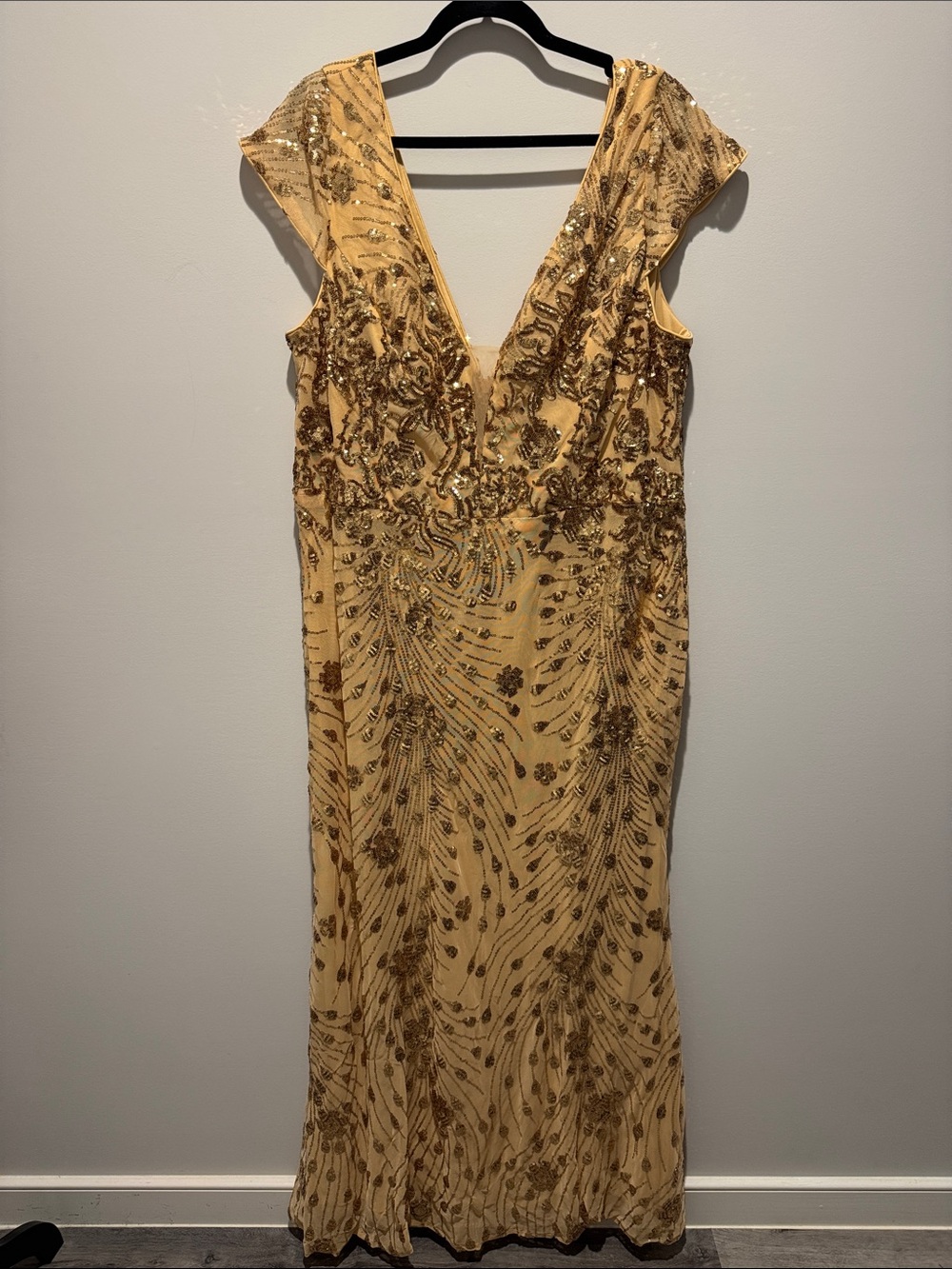 New in Package Blue Plum Gold Beaded V-Neck Evening Gown